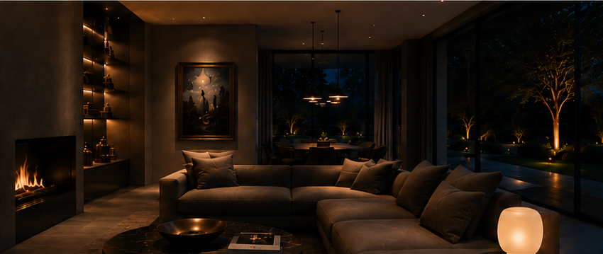 Warm interieur met gelaagde verlichting